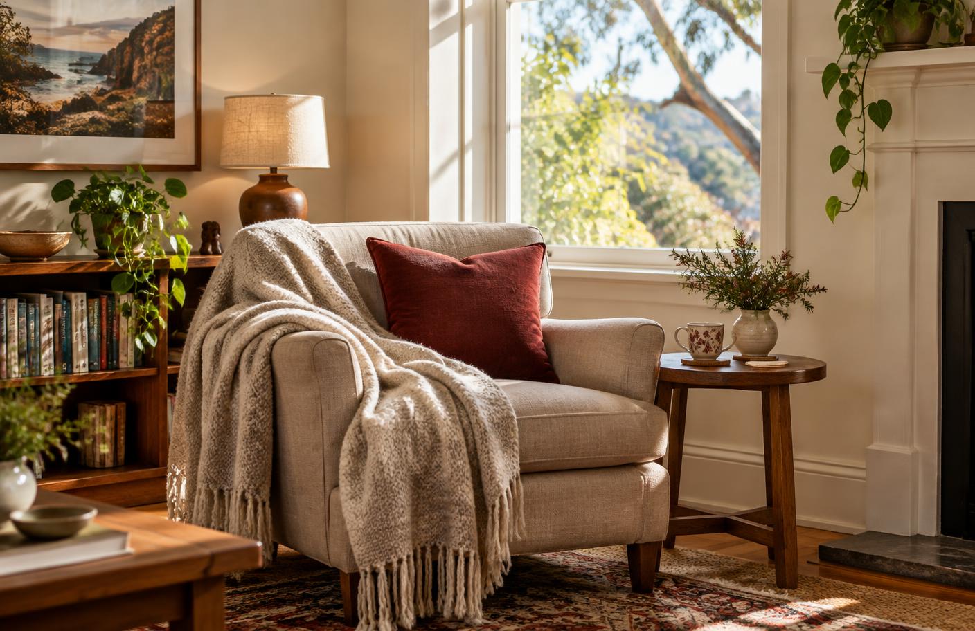 A cosy armchair with a blanket and a cup of tea by the window in warm light
