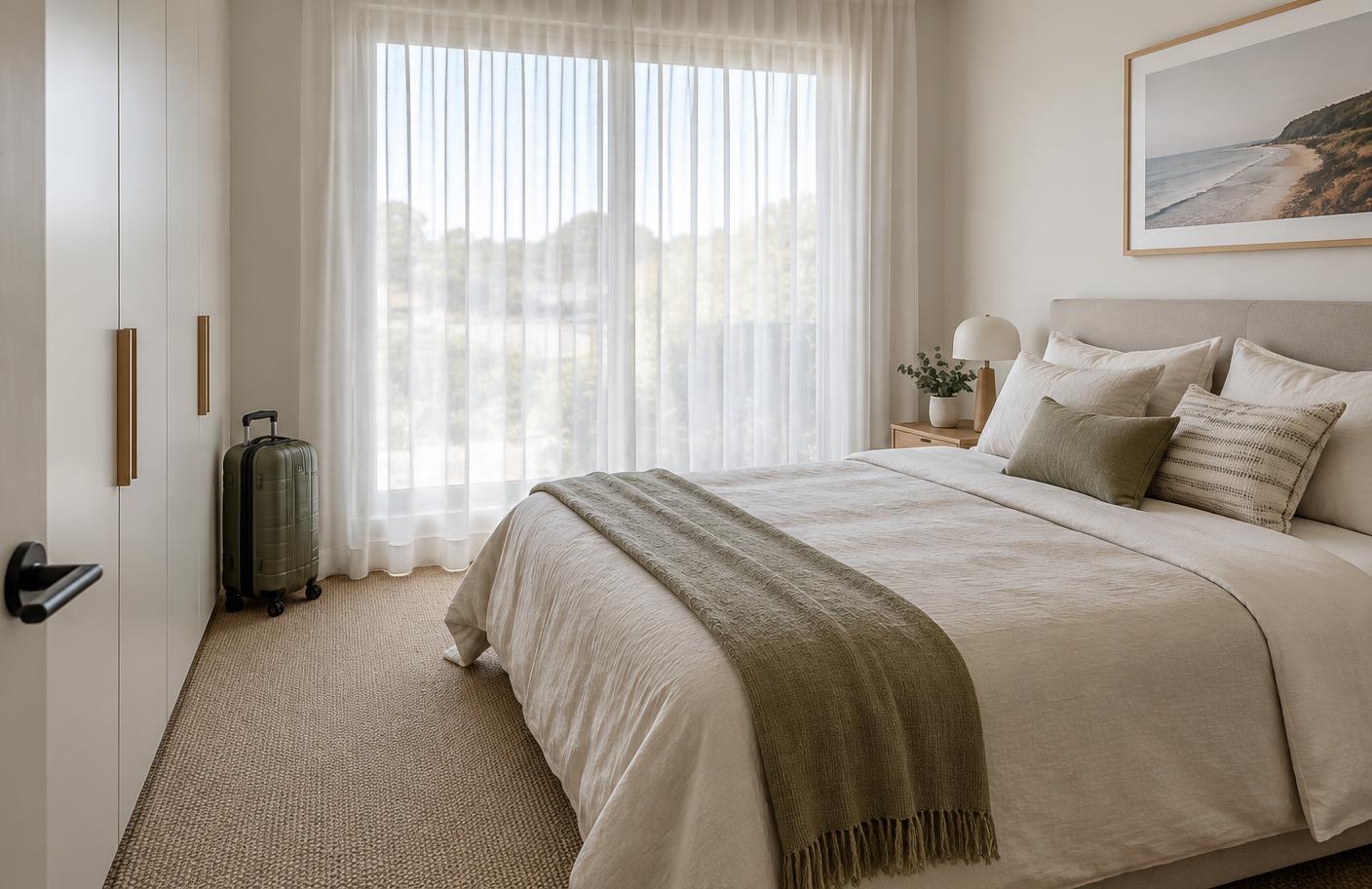 A freshly made bedroom with a small suitcase by the wardrobe and soft daylight