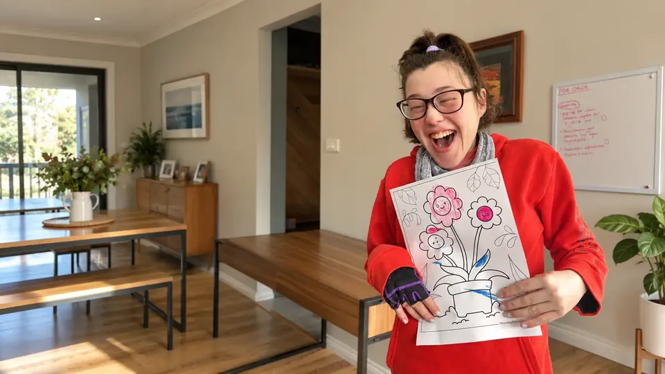 A woman smiling as she shares her flower artwork at home