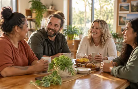 Support workers sharing a laugh together over morning tea in a sunlit room