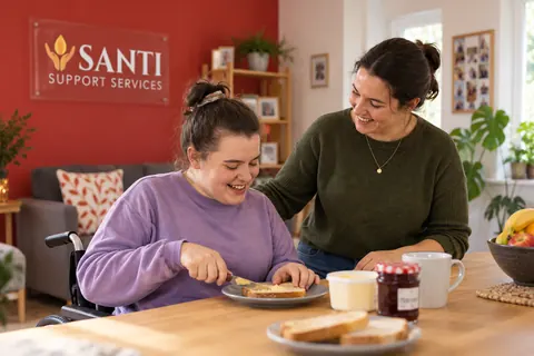 A participant preparing breakfast with a support worker at home