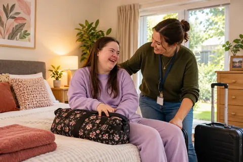 A participant laughing with a support worker while settling into a warm bedroom with her bags