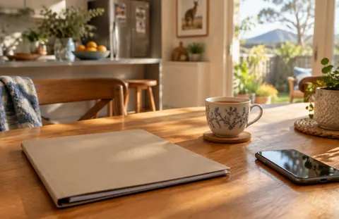 A calm kitchen table with a folder, cup of tea and phone in warm morning light
