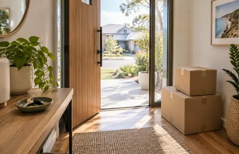 The open front door of a welcoming home with house keys and moving boxes by the entry