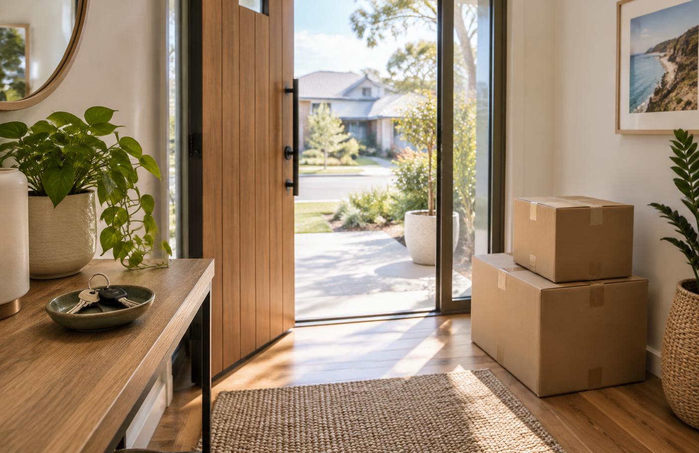 The open front door of a welcoming home with house keys and moving boxes by the entry